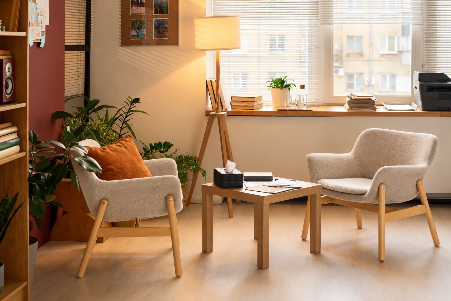 A warm, welcoming therapy office
